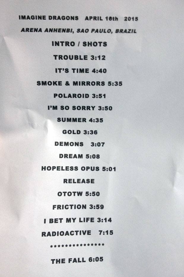 IMAGINE DRAGONS - SET LIST SP 2015